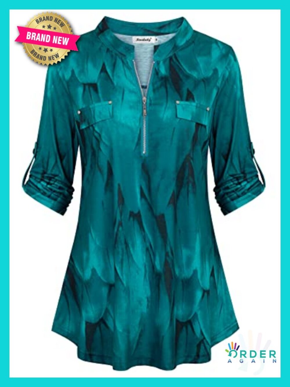 Women's 3/4 Sleeve Zip Floral Tunic Top - Casual Loose Fit Blouse